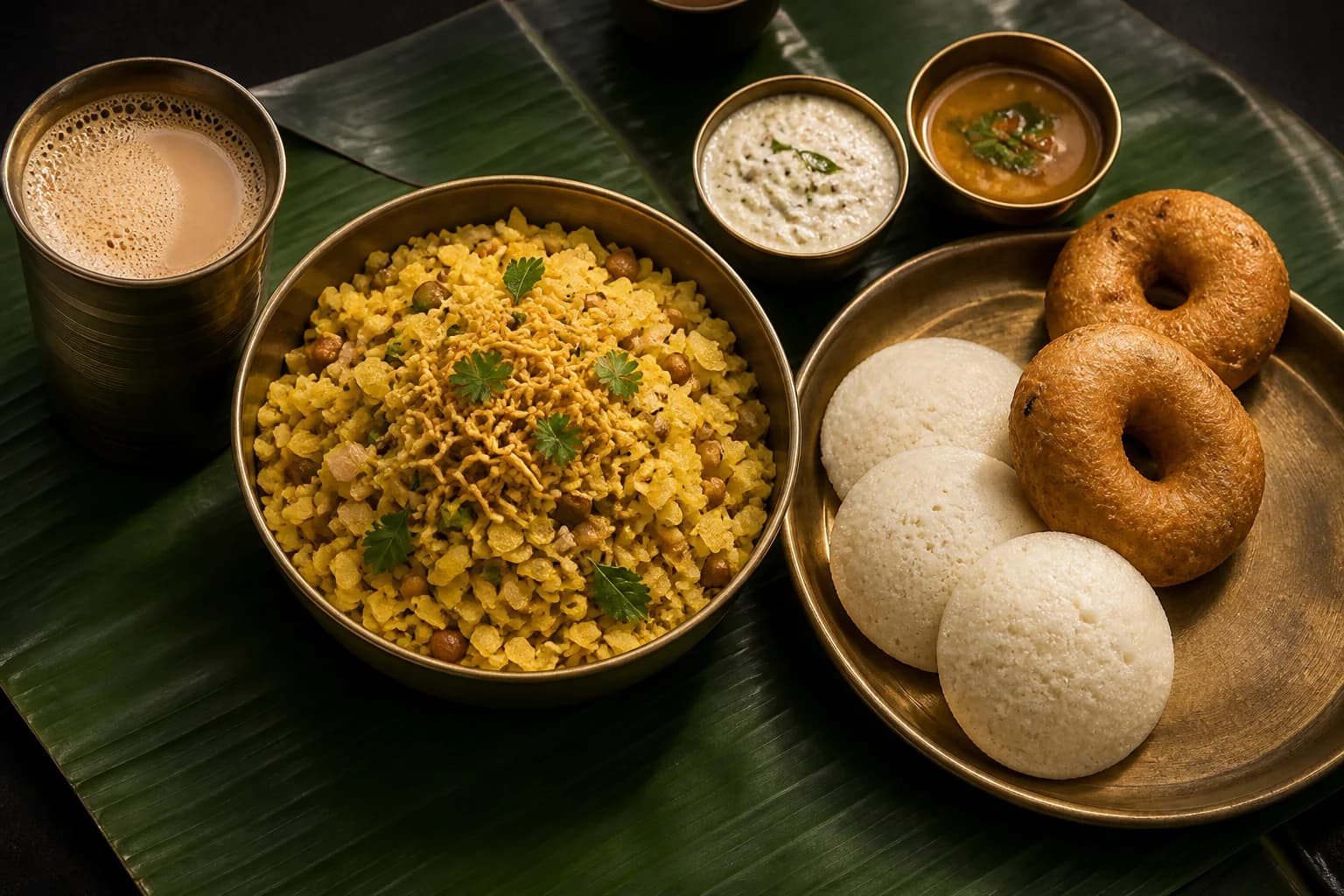 Breakfast buffet with Indian dishes and masala chai