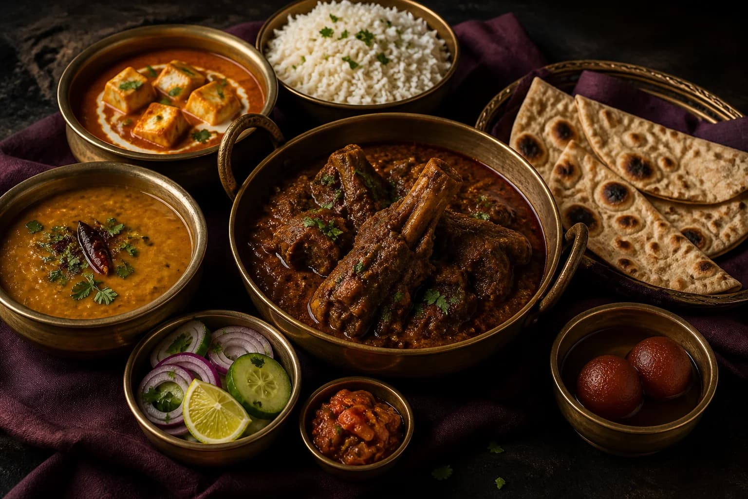 Warm Indian dinner spread served at pack-up
