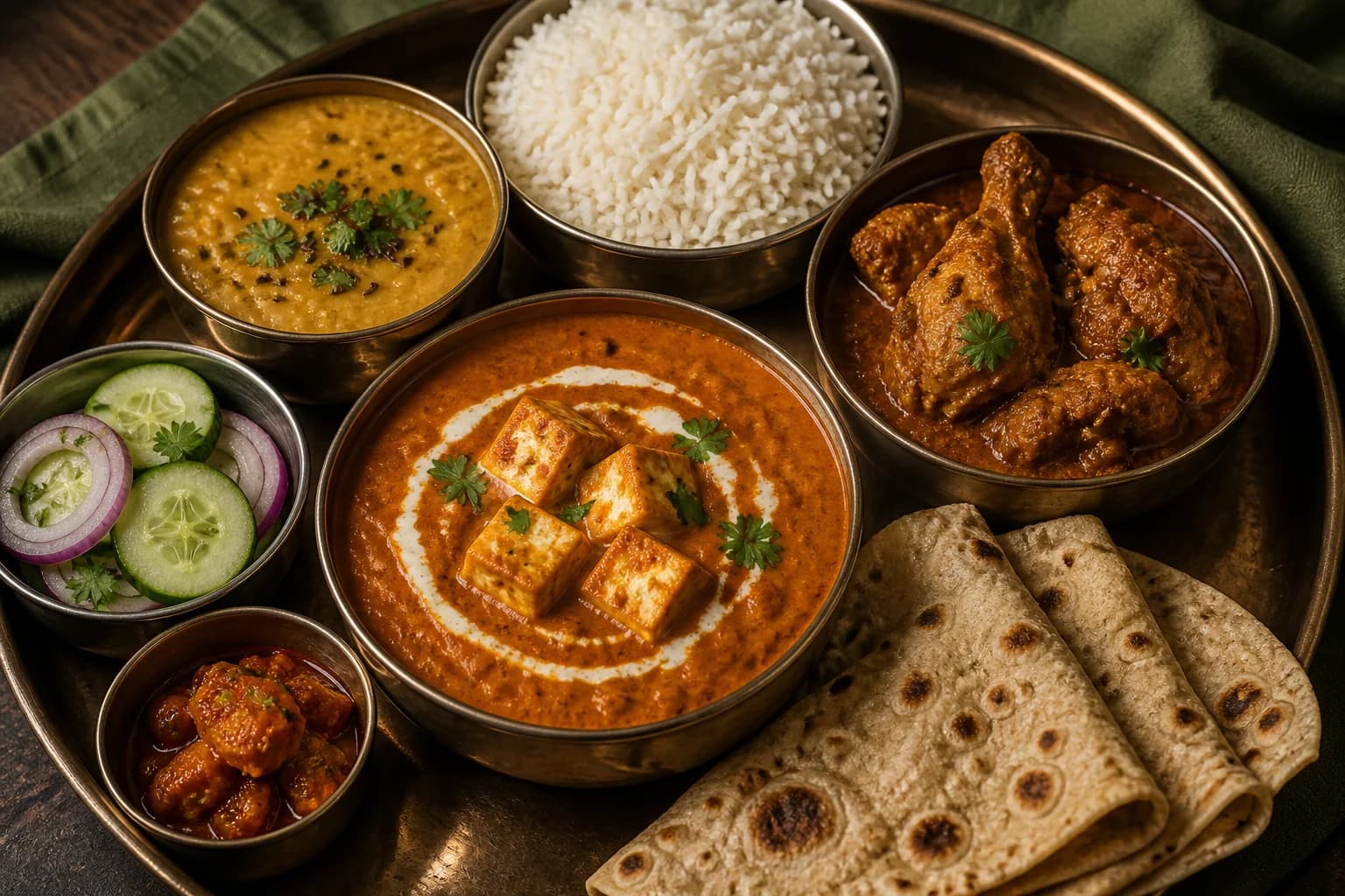 Complete Indian crew lunch with curries, rice and breads