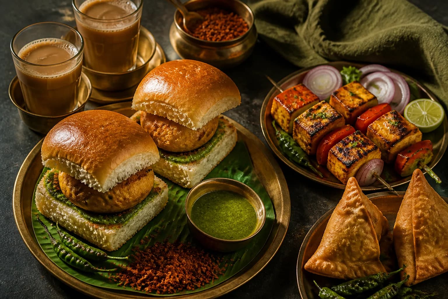 Evening snacks spread with tea and savouries