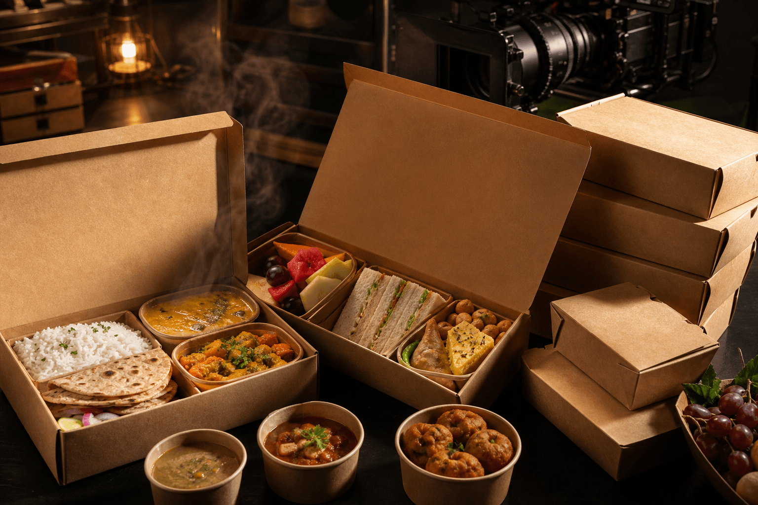 Cinematic Indian packaged catering meals prepared for a film crew